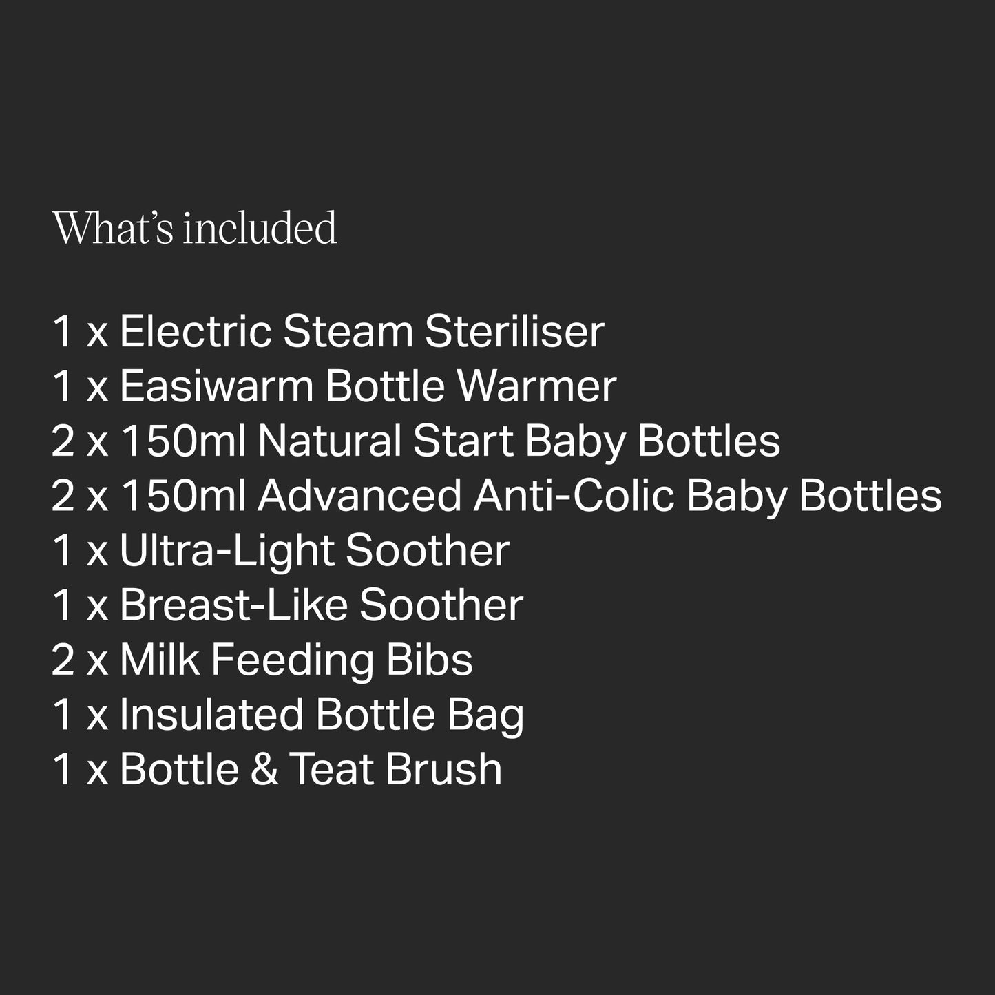 Complete Feeding Set with Electric Steam Steriliser